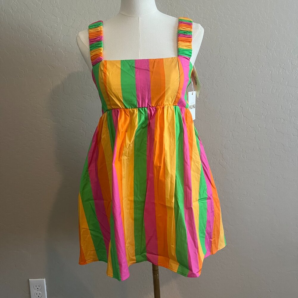 Show Me Your MuMu Neon Pink Green Orange Striped Mini Dress - Picture 13 of 15